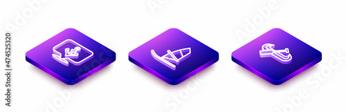 Set Isometric line Anchor, Windsurfing and Kayak and paddle icon. Vector