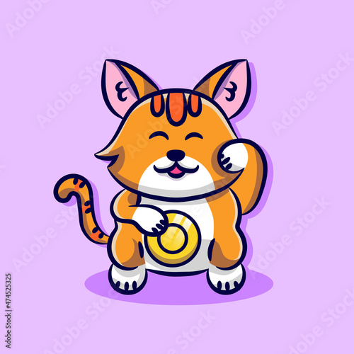 lucky cat cute hand draw holding gold