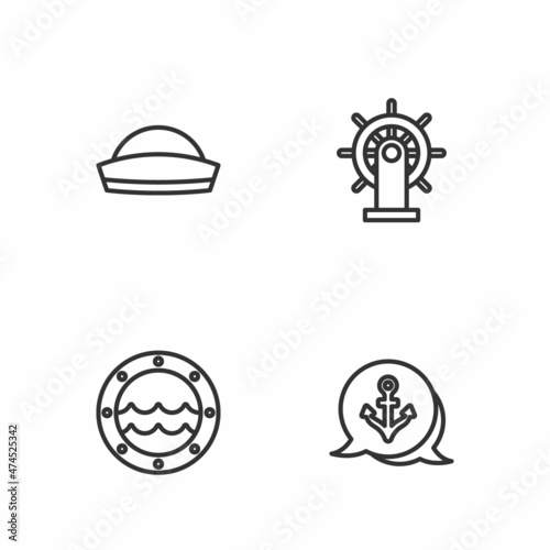 Set line Anchor, Ship porthole, Sailor hat and steering wheel icon. Vector