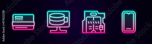 Set line Credit card, Cloud database, Futuristic sliding doors and Mobile phone. Glowing neon icon. Vector