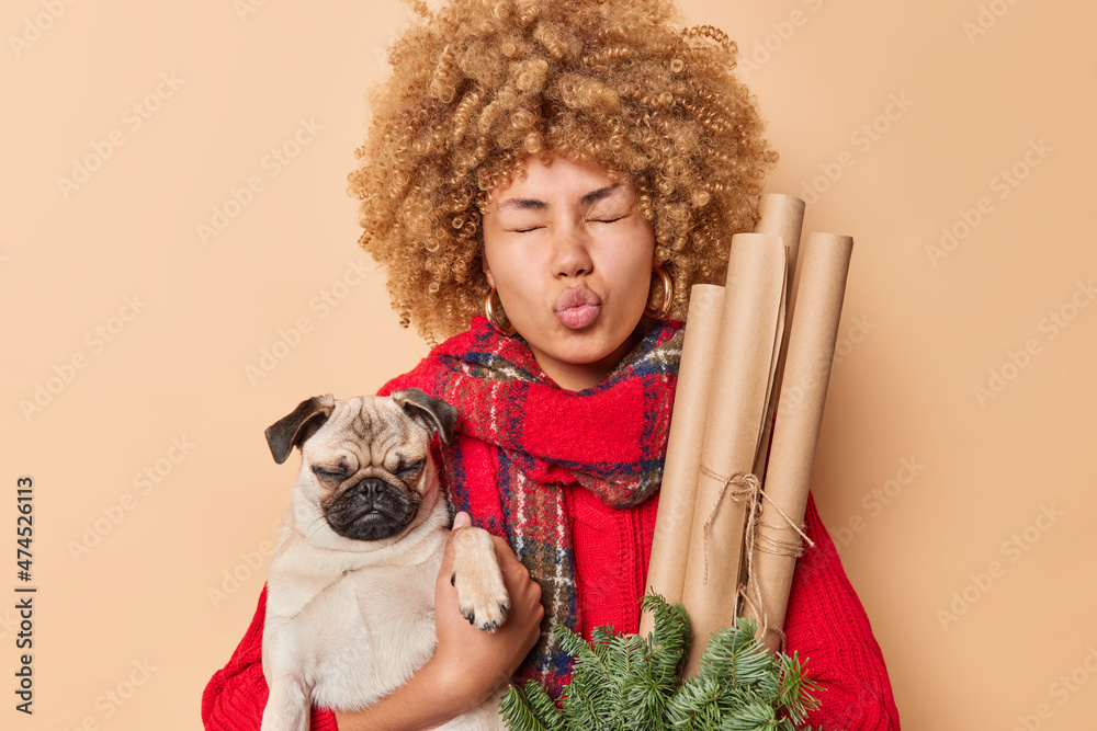 Lovely young curly woman keeps lips rounded awaits for kiss poses with pug dog on hands carries holiday decorations awaits New Year dressed in winter clothing isolated over beige background. Lovely young curly woman keeps lips rounded awaits for kiss poses with pug dog on hands carries holiday decorations awaits New Year dressed in winter clothing isolated over beige background.