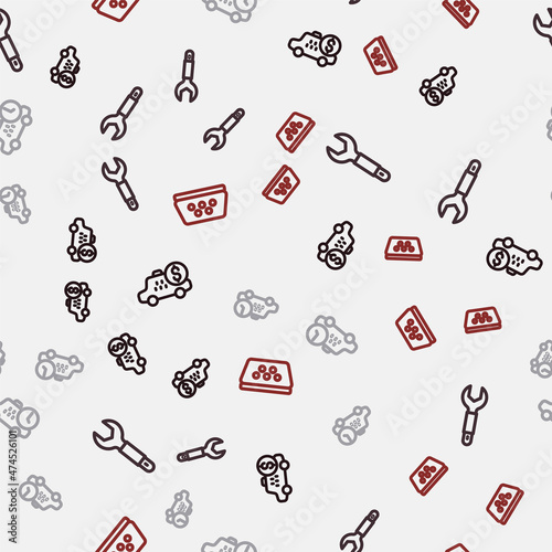 Set line Taximeter device, Wrench spanner, waiting time and car roof on seamless pattern. Vector