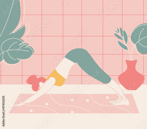 Attractive flat illustration of a yoga class in muzzle-down dog pose