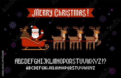 Pixel Art Merry Christmas text wit Santa Claus and Reindeer team, type font - isolated vector template. Pixel Christmas Card wit alphabet in retro 8-bit game  style