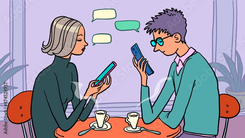 online addiction a man and a woman ignore each other and look into a smartphone, internet surfing