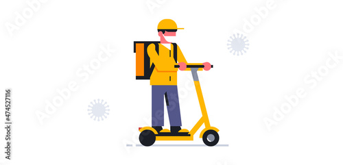 A courier in a medical mask riding an electric scooter delivers food to the address of the order. Bag, backpack, scooter, delivery man, safe delivery, coronavirus, virus. Vector illustration