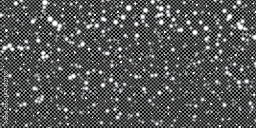 Real snow on black background vector illustration. Falling real snowflakes illustration on dark background. Flying dust particles on a black background. snow on a black background texture bokeh