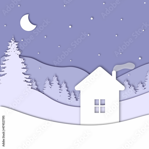 House in forest in the winter season with trees and snow. Paper cut style. New Year and Merry Christmas card. Vector illustration.
