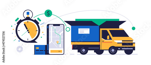 Online parcel delivery service concept. Phone with tracking of order delivery on the city map on the screen. Courier truck in the form of a box. Bank card, stopwatch. Flat vector illustration