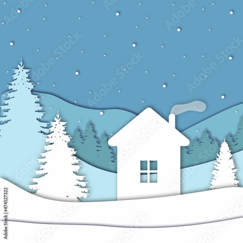 House in forest in the winter season with trees and snow. Paper cut style. New Year and Merry Christmas card. Vector illustration. 