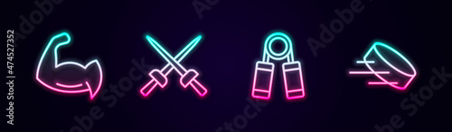 Set line Bodybuilder showing his muscles, Fencing, Sport expander and Hockey puck. Glowing neon icon. Vector