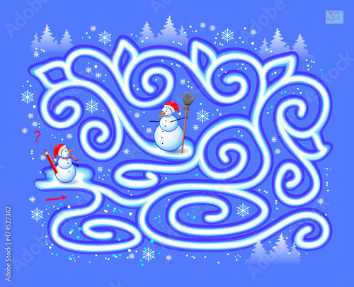 Logic puzzle game with labyrinth for children and adults. Help the little snowman find the way to his friend. Worksheet for brain teaser book. Play online. Winter maze for kids. Vector illustration.