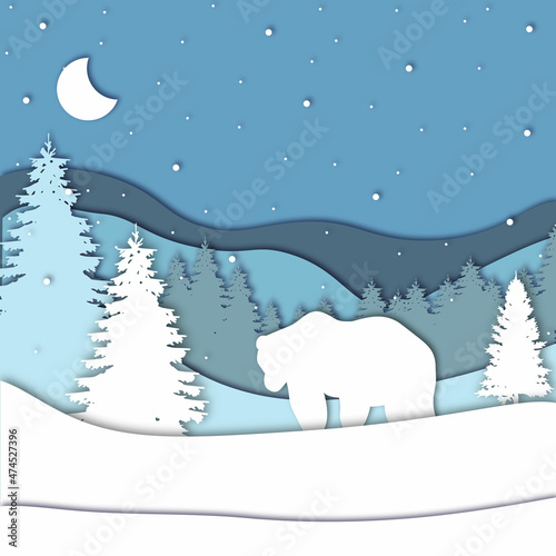 Bear in forest in the winter season with trees and snow. Paper cut style. Merry Christmas card. Vector illustration.
