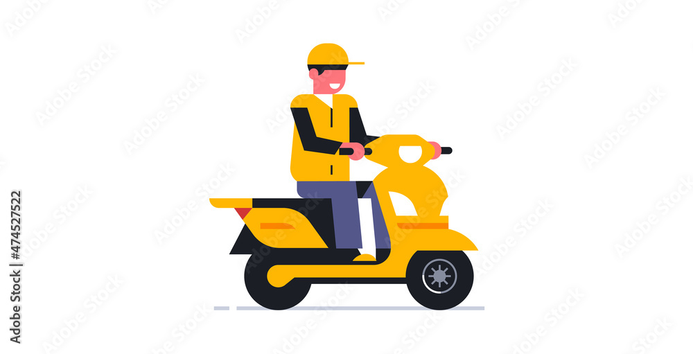 Fototapeta premium The courier delivers the order on a motorcycle. Online delivery service for parcels and food to your home. Courier in working uniform. Bike, moto, scooter. Vector illustration