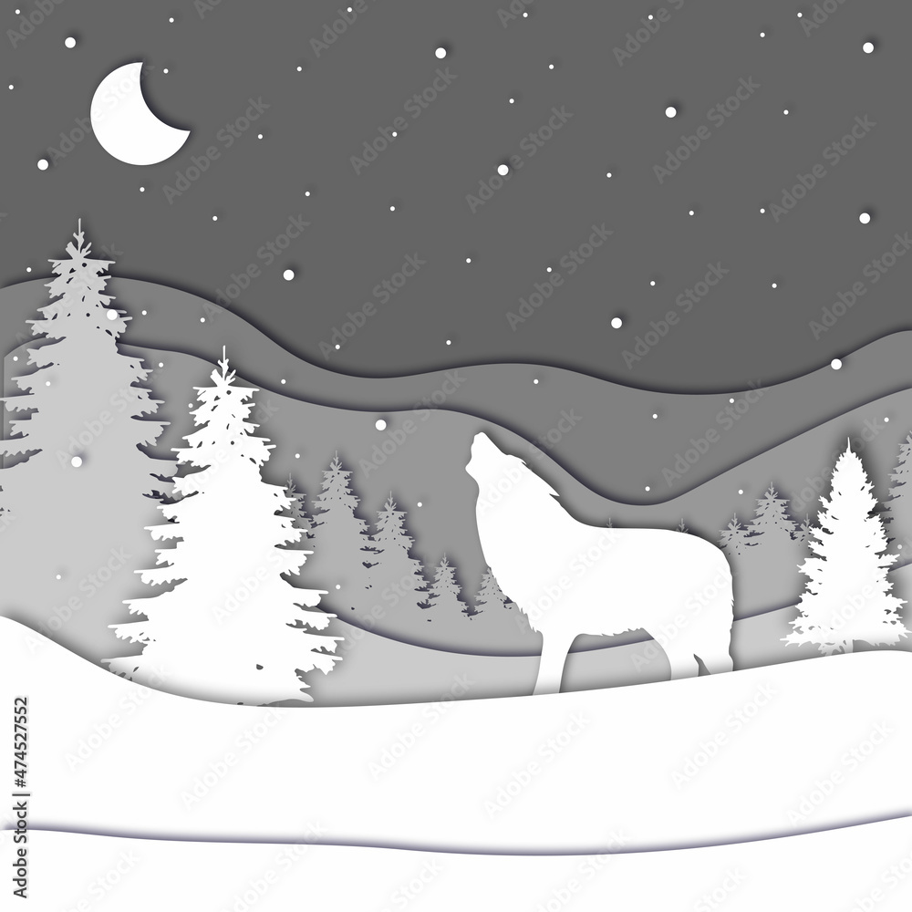 Wolf howels at the moon in forest in the winter season with trees and snow. Paper cut style. New Year and Merry Christmas card. Vector illustration.