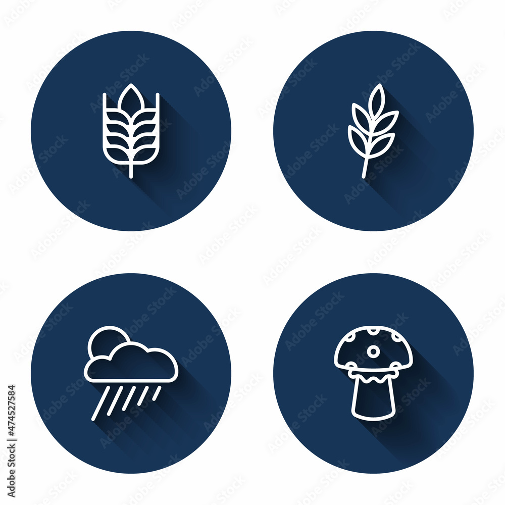 Set line Wheat, Leaf, Cloud with rain and sun and Mushroom with long shadow. Blue circle button. Vector