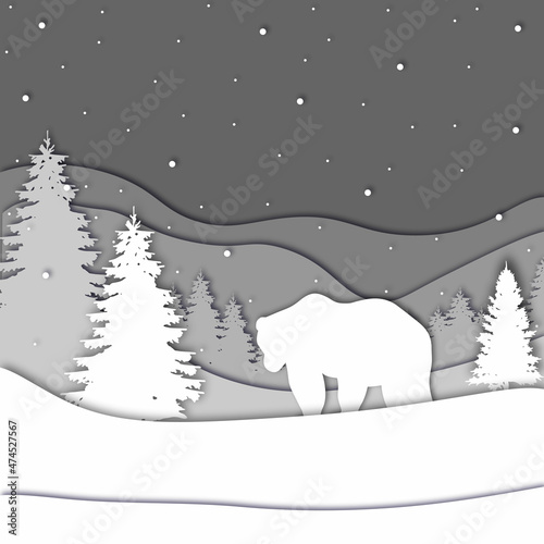 Bear in forest in the winter season with trees and snow. Paper cut style. Merry Christmas card. Vector illustration.
