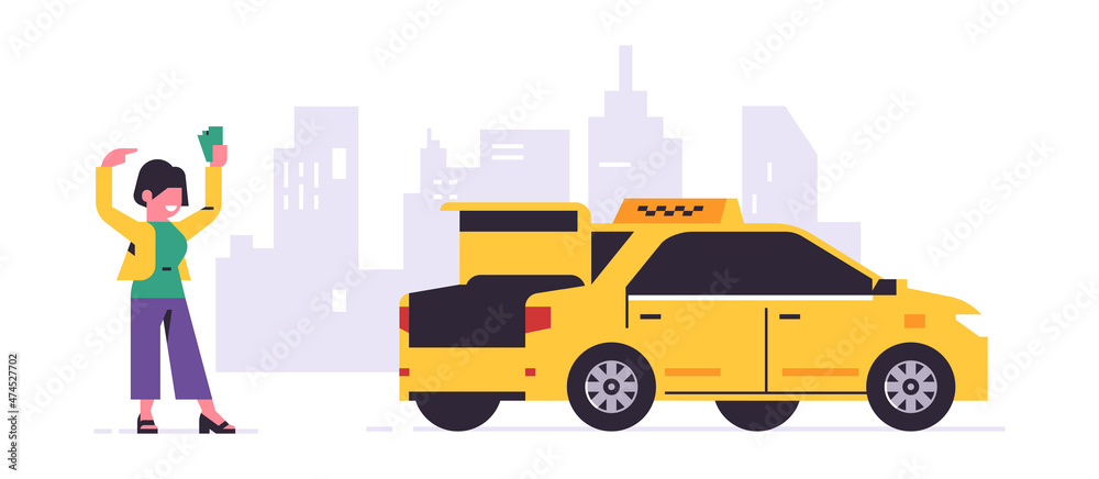 Online taxi ordering service. A driver in a yellow taxi, a passenger, transportation of people. Girl with money, city, cab. Vector illustration isolated on background. Online taxi ordering service. A driver in a yellow taxi, a passenger, transportation of people. Girl with money, city, cab. Vector illustration isolated on background.