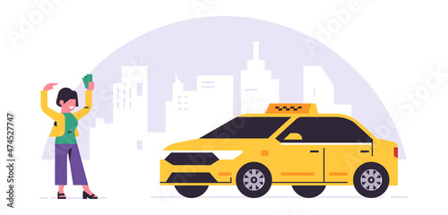 Online taxi ordering service. A driver in a yellow taxi, a passenger, transportation of people. Girl with money, city, cab. Vector illustration isolated on background.
