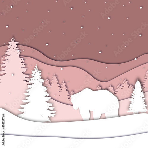 Bear in forest in the winter season with trees and snow. Paper cut style. Merry Christmas card. Vector illustration.
