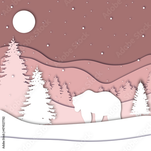 Bear in forest in the winter season with trees and snow. Paper cut style. Merry Christmas card. Vector illustration.

