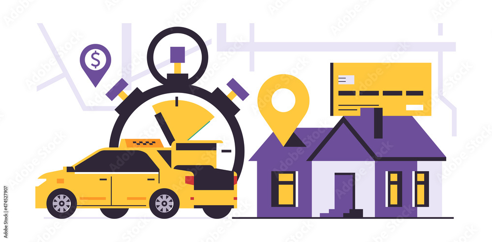 Online taxi service to your home. A yellow taxi is waiting for a passenger at the house. Map, gps point, stopwatch, bank card. Vector illustration isolated on background