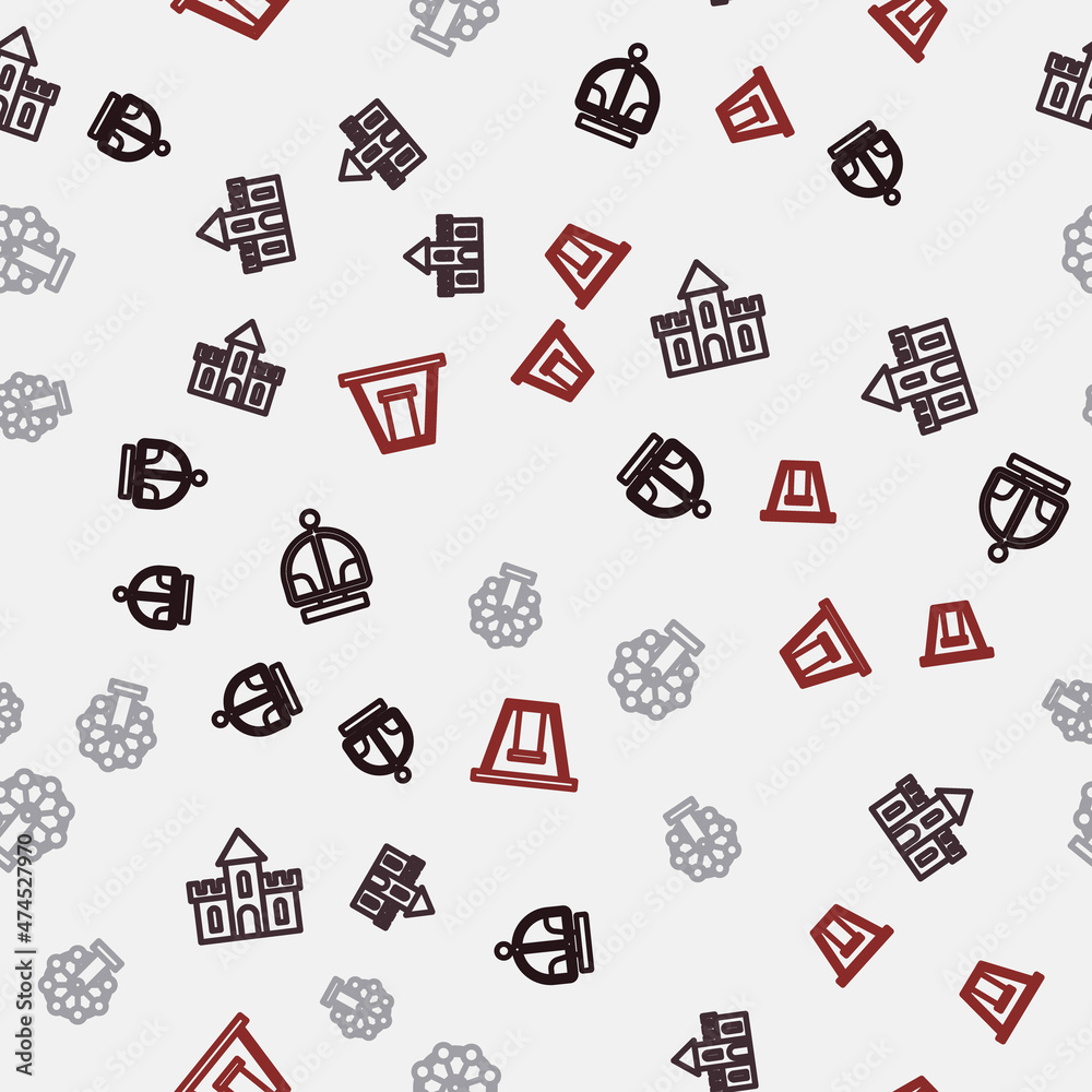 Set line Attraction carousel, Sand castle, Ferris wheel and Swing for kids on seamless pattern. Vector Set line Attraction carousel, Sand castle, Ferris wheel and Swing for kids on seamless pattern. Vector