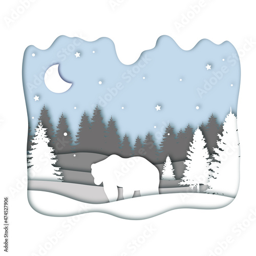 Bear in forest in the winter season with trees and snow. Paper cut style. Merry Christmas card. Vector illustration.

