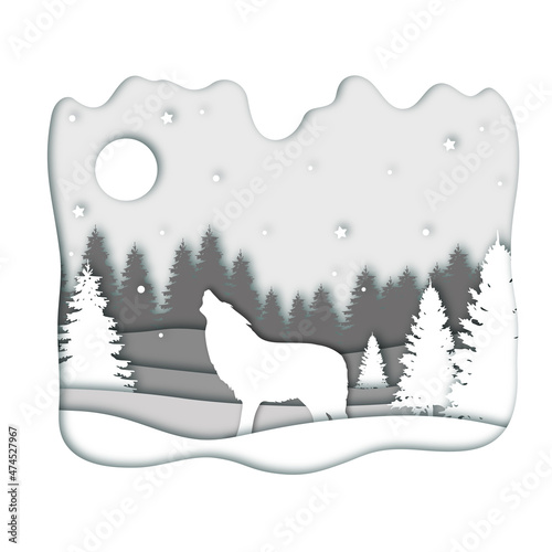 Wolf howels at the moon in forest in the winter season with trees and snow as Paper art and digital craft style concept. Vector illustration.