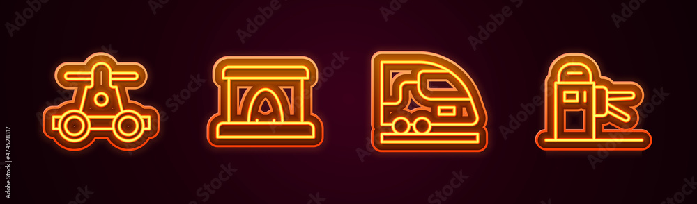 Set line Handcar transportation, Railway tunnel, High-speed train and Turnstile. Glowing neon icon. Vector