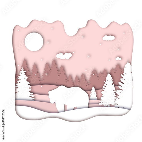 Bear in forest in the winter season with trees and snow as Paper art and digital craft style concept. Vector illustration.
