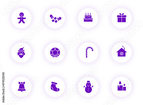 christmas purple color vector icons on light round buttons with purple shadow. christmas icon set for web, mobile apps, ui design and print