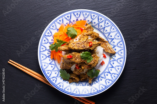 Εκτύπωση καμβά Food concept homemade Turmeric Stir Fried Beef with rice on black slate stone bo