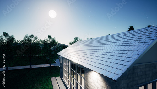 3d rendering of eco house building and green power energy consist of solar cell or photovoltaic cell in solar shingles and electrical cabinet. System technology for generate electrical power at night.