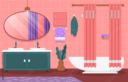 Clean Bathroom Interior Design Mirror Bathtub Furniture Flat Illustration