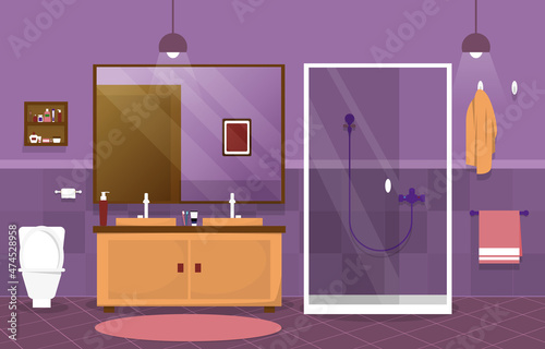 Clean Bathroom Interior Design Mirror Shower Furniture Flat Illustration