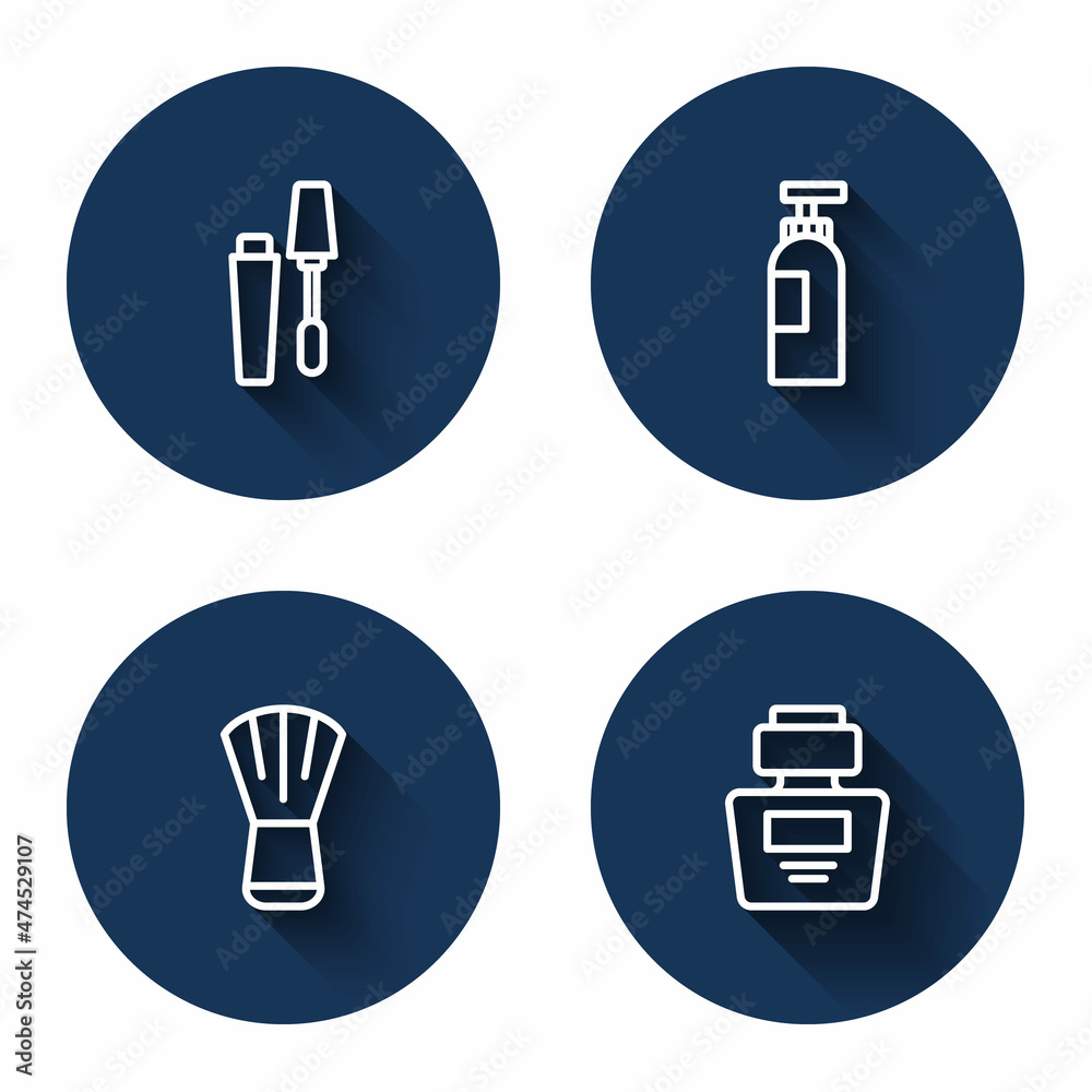 Set line Mascara brush, Bottle of shampoo, Makeup and Perfume with long shadow. Blue circle button. Vector Set line Mascara brush, Bottle of shampoo, Makeup and Perfume with long shadow. Blue circle button. Vector