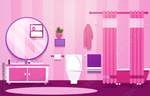 Clean Bathroom Interior Design Closet Bathtub Furniture Flat Illustration