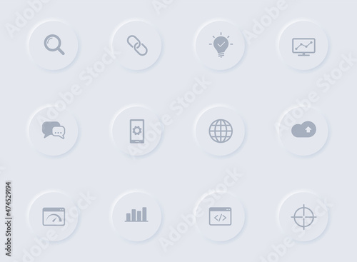 seo gray vector icons on round rubber buttons. seo icon set for web, mobile apps, ui design and promo business polygraphy