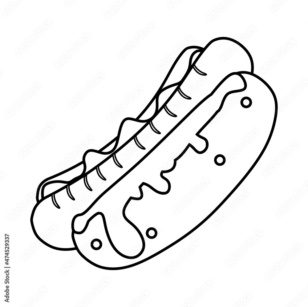 black and white vector illustration of hot dog with vegetables and sauce for coloring book and doodles black and white vector illustration of hot dog with vegetables and sauce for coloring book and doodles