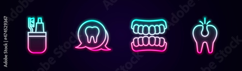Set line Toothbrush and toothpaste, Dentures model and Broken. Glowing neon icon. Vector