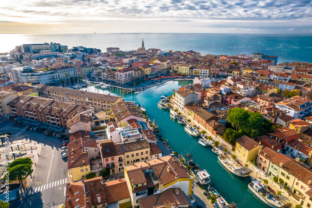 Town of Grado colorful architecture and channels aerial view, Friuli-Venezia Giulia