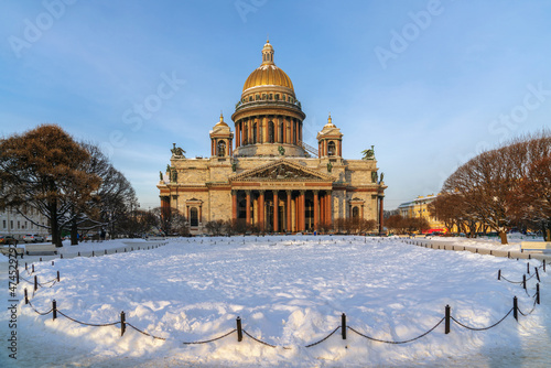 View of the St. Isaac's Square and the St. Isaac's Cathedral on a sunny winter day, St. Petersburg, Russia