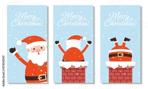 A series of posters with santa claus and santa claus on them. Vector Merry Christmas and Happy New Year greeting card set with cute vector Santa Claus on blue background. Santa Claus collection.	