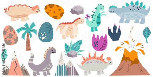 Dinosaurs and cute eggs with volcano and mountains for kids in set isolated on white background. Dino clipart with eggs for baby textiles in flat style.Vector illustration