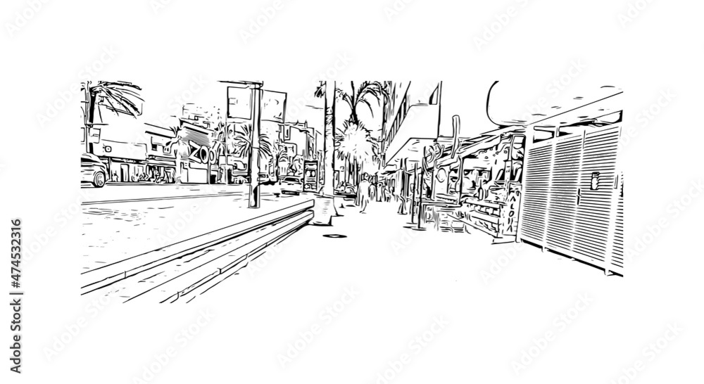 Obraz premium Building view with landmark of Lloret de Mar is the town in Spain. Hand drawn sketch illustration in vector.