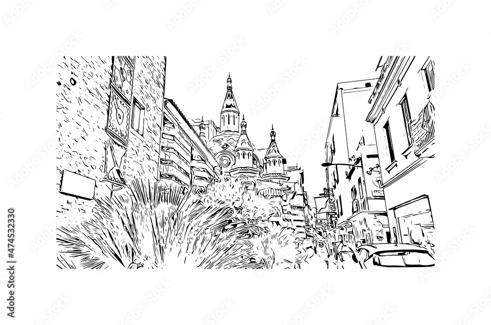 Building view with landmark of Lloret de Mar is the
town in Spain. Hand drawn sketch illustration in vector.