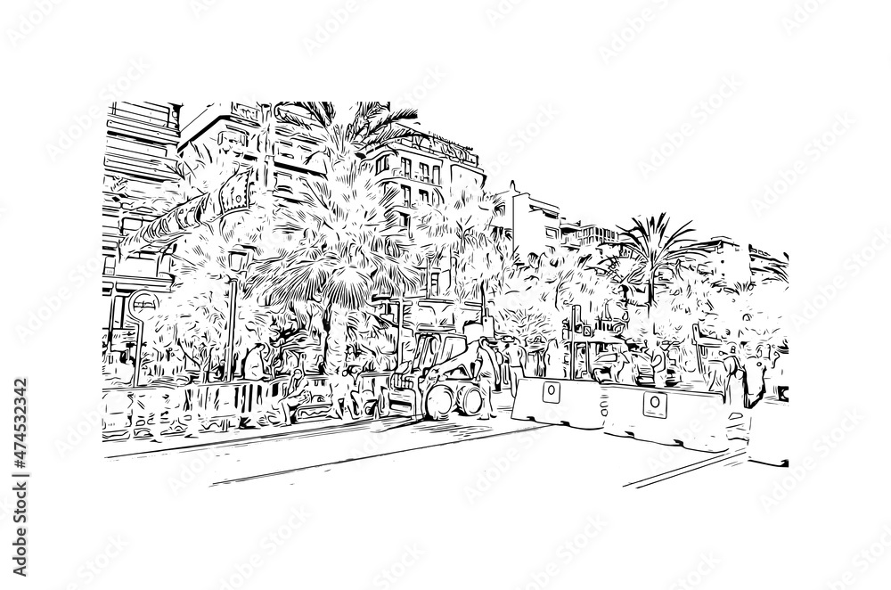 Building view  with landmark of Lloret de Mar is the 
town in Spain. Hand drawn sketch illustration in vector.