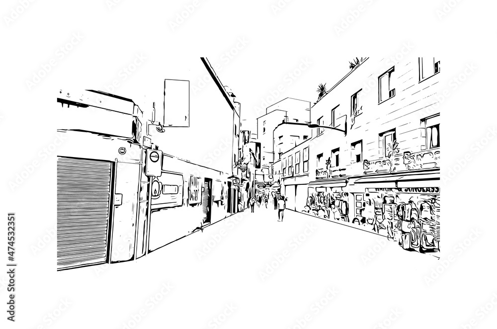 Building view  with landmark of Lloret de Mar is the 
town in Spain. Hand drawn sketch illustration in vector.