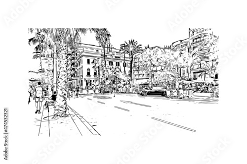 Building view with landmark of Lloret de Mar is the town in Spain. Hand drawn sketch illustration in vector.